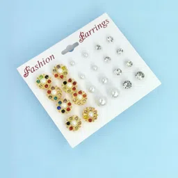 NAVJAI Set of 12 & Multi Plastic Artificial Stones & Beads Earrings-image-17