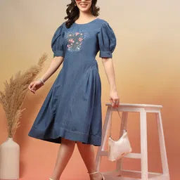 COSMIC TRIO Women Round Neck Fit & Flare Midi Dress image 5