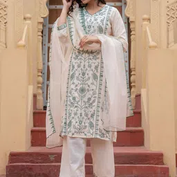 Juniper Women Ethnic Motifs Embroidered Pure Cotton Kurta with Palazzo & Dupatta-image-84