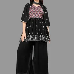 PARROT CREATION Floral Embroidered Georgette Anarkali Kurti With Sharara-picture-35