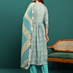 BANDIA Women Floral Printed Empire Mirror Work Kurta with Trousers & With Dupatta image 4