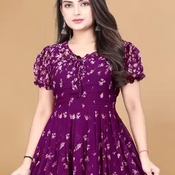 KRISHTI CREATION Floral Print Puff Sleeve Georgette Fit & Flare Maxi Dress image 3