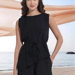 Fashfun Solid Boat Neck Sleeveless Regular Top With Waist Tie-up-picture-16