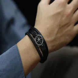 UNIVERSITY TRENDZ Men Leather Silver-Plated Multistrand Bracelet image 2