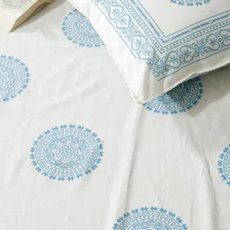 eyda White & Blue Ethnic Motifs 180 TC King Bedsheet with 2 Pillow Covers-picture-17