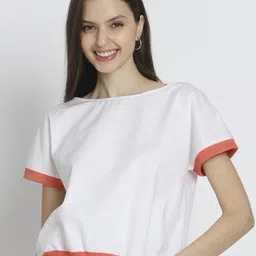 SHAYE White Boat Neck Solid Short Sleeves Casual Cotton Tops For Women-picture-13