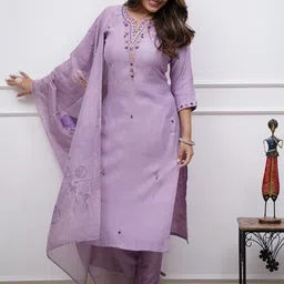 KALINI Floral Embroidered Notch Neck Straight Kurta With Trousers And Dupatta-picture-25