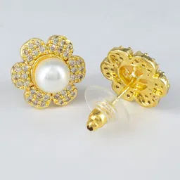 PRIVIU Gold-Plated American Diamond Studded And Pearls Beaded Floral Shaped Studs image 5