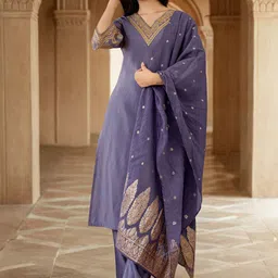 SANISA Floral Yoke Design V-Neck Sequinned Straight Kurta With Trouser And Dupatta-image-47