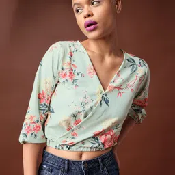 MILOST Women Floral Printed Puff Sleeve Crop Top image 5