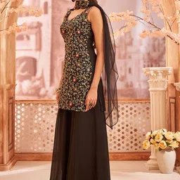 Fourleaf Floral Embroidered Thread Work Georgette Kurti & Sharara & Dupatta image 2