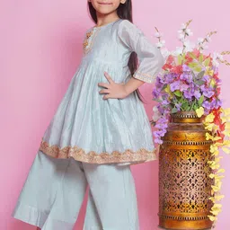 Little Bansi Girls Woven Design Beads and Stones Cotton Silk Kurta with Palazzos & Dupatta image 5