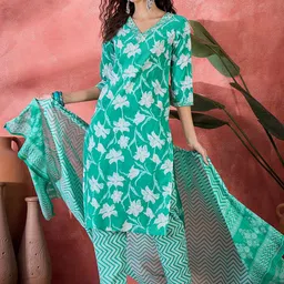 Sangria Women Floral Printed Cotton Kurta with Trousers & Dupatta image 3