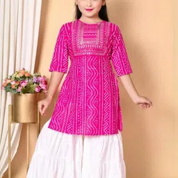 ikonic fashion Girls Festive & Party Kurta and Palazzo Set (Pink Pack of 1) image 4