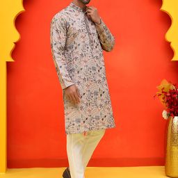Jompers Men Floral Embroidered Regular Chikankari Kurta with Pyjamas-picture-1