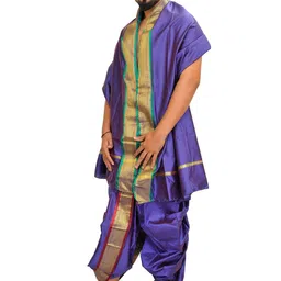 Exotic India Ready to Wear Dhoti and Veshti Set with Woven Golden Border image 2
