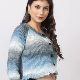 GFO Women Colourblocked Woollen Crop Front Open Sweater image 4