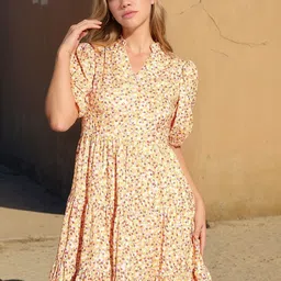 ZYNG Women Floral Print Puff Sleeve Crepe A-Line Mini Dress-picture-17