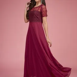 DressBerry Women Round Neck Half Sleeve Lace Overlaid Maxi Dress-image-58