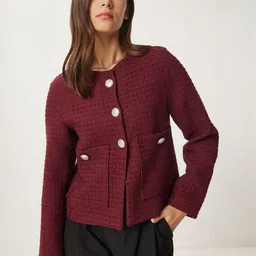 Happiness istanbul Self Design Collarless Long Sleeves Bomber Jacket image 1