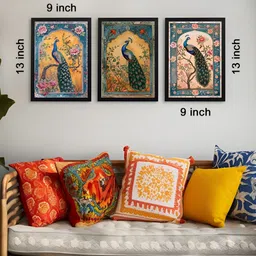 Giftii 3Pcs Green & Orange Coloured Peacock Printed Wooden Framed Wall Art image 4