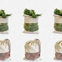 fab ellite Cotton Vegetable Sabji Bag Kitchen Veg Freez Storage Pouch for Fridge Washable . Pack of 6 Grocery Bags-picture-23
