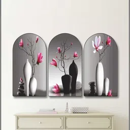Myntra Elegant Homes Set Of 3 MDF Contemporary Modern Vase with Pink Flower Wall Art-picture-10