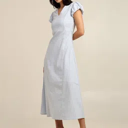 7OUNCE Striped Puff Sleeve A-Line Midi Dress image 4