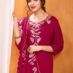 Shree Varahi Export Women Ethnic Motifs Embroidered Regular Thread Work Art Silk Kurta Set image 2