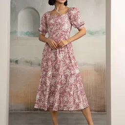 AASK Women Peach Printed Crush Crepe Tiered Midi Length Dress-picture-20