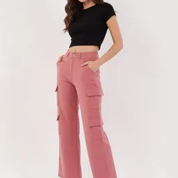HIGH BUY Women Tailored Straight Fit High-Rise Wrinkle Free Cargos Trousers image 5