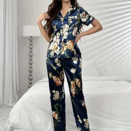 NIJANAND TEXTILE Floral Printed Lapel Collar Night suit-picture-20
