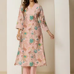 AUTUMN LANE Floral Printed V-Neck Pure Cotton Straight Kurta With Trousers-picture-17