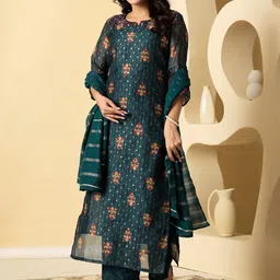 SUAAC Ethnic Motifs Printed Chanderi Silk Kurta With Trousers & Dupatta-picture-18