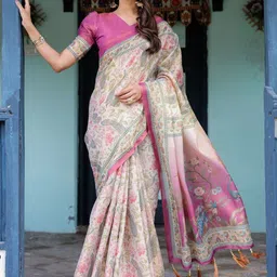 ALMAARI FASHION Floral Printed Pure Cotton Banarasi Saree And Unstitched Blouse image 5