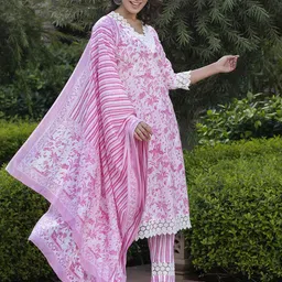 KALINI Floral Printed Thread Work Pure Cotton Straight Kurta With Trouser & Dupatta image 2