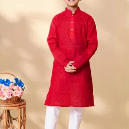 HUMAN CHOICE Boys Red Pure Cotton Embroidered Kurta & Pyjamas-image-77