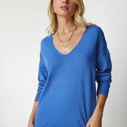 Happiness istanbul Women Gk Mavi V-Neck Long Sleeves Pullover Sweaters image 2