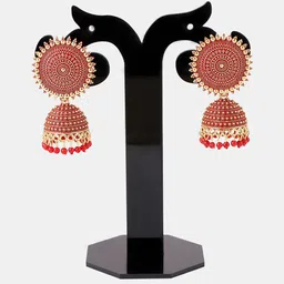 VIKESA Gold-Plated Kundan Studded & Artificial Beaded Dome Shaped Jhumkas image 1