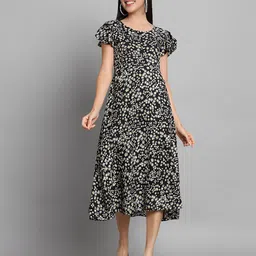 Maheshvi Floral Print Flutter Sleeve Ruffled Crepe A-Line Midi Dress-picture-15