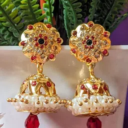 Subham Jewellers Gold-Plated Cubic Zirconia Studded & Beaded Dome Shaped Jhumkas-picture-17