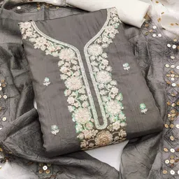 BlissFlair Floral Embroidered Sequinned Chanderi Silk Unstitched Dress Material-image-53