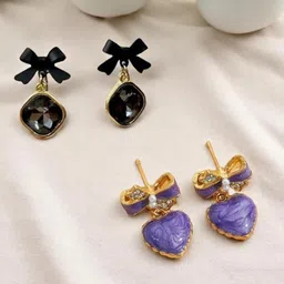 FIMBUL Set Of 2 Gold-Plated Artificial Stones Studded Heart Shaped Drop Earrings-picture-26