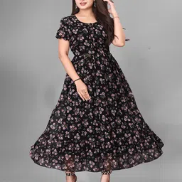 QENA Floral Print Puff Sleeve Georgette Fit & Flare Maxi Dress image 3
