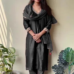 KALINI Women Regular V-Neck Embroidered KurtaTrousers Wi th Dupatta image 4