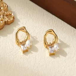 TEULRIP Gold-Plated Cubic Zirconia Studded Pearls Beaded Contemporary Drop Earrings image 5