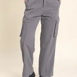 The Roadster Lifestyle Co Pure Cotton Women Iron Grey  Straight-Fit Cargo Trousers-image-45