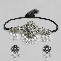 Anxvi Women Antique Oxidised Plated Choker Necklace with Black & White Beads Jewellery Set-picture-10
