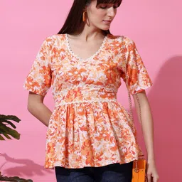 SHEETAL Associates Women Abstract Printed Lace Inserts Pure Cotton Peplum Regular Top image 3