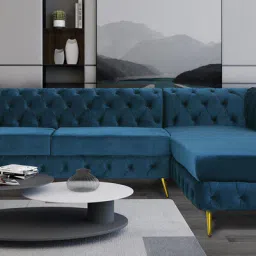casacraft from pepperfry Ivanka Velvet LHS Sectional Sofa (3+ Lounger) in Teal Blue Colour image 2